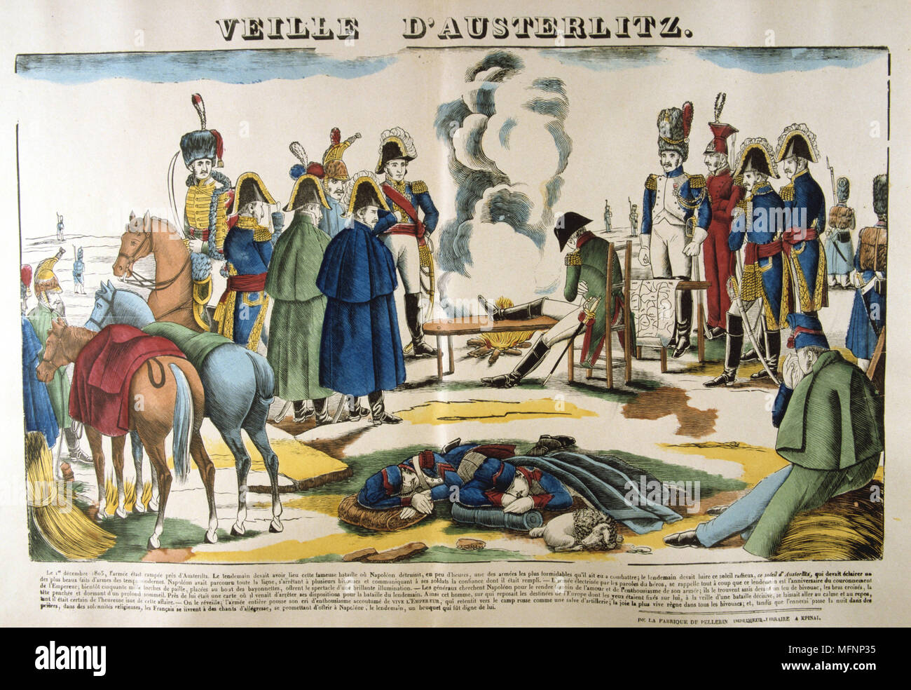 Napoleon on the evening before Austerlitz. The Battle of Austerlitz  (Bitva u Slavkova) also known as the Battle of the Three Emperors, l December 1805.  Decisive French victory over the Russian and Austrian empires, one of Napoleon's greatest victories. Popular French hand-coloured woodcut. Stock Photo
