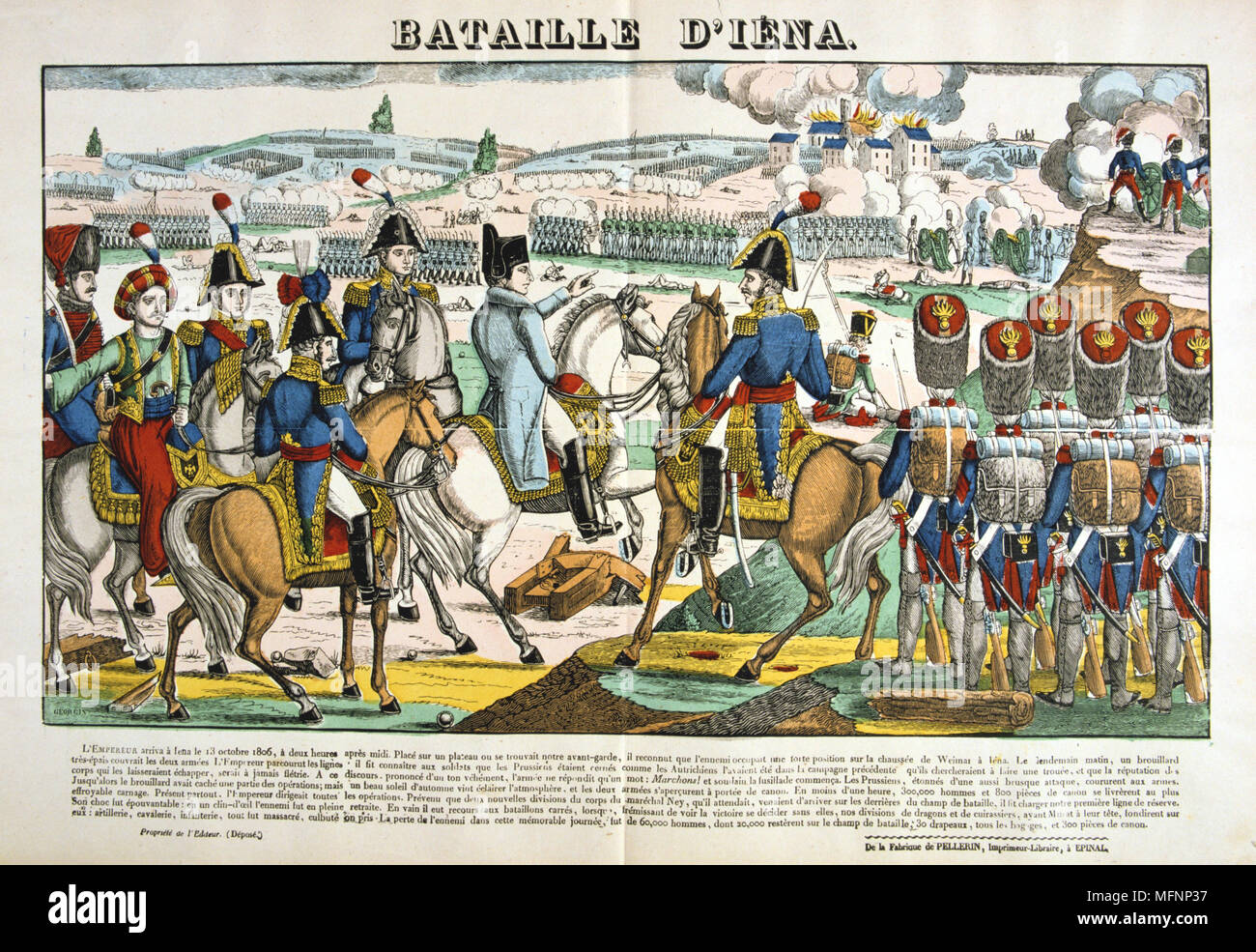 Napoleon at the Battle of Jena 14 October 1806. Decisive French victory under Napoleon against Prussia and Saxony under Duke of Brunswick, Prince of Hohenlohe and General Blucher.  Popular French hand-coloured woodcut. Stock Photo