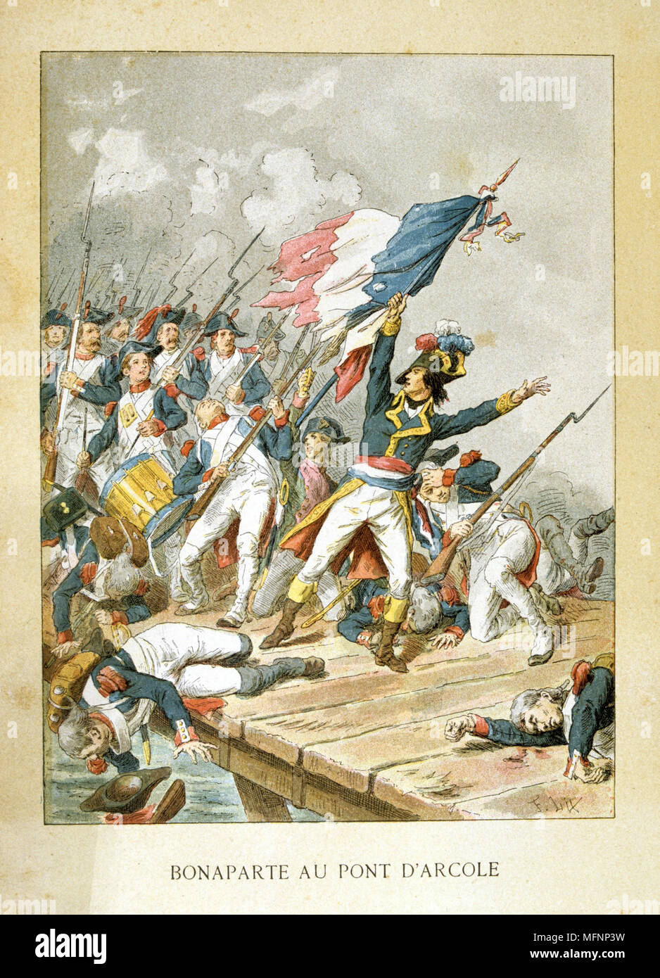 Illustration Of Napoleon Bonaparte Holding The French Flag Leading His Army  Over The Bridge In Arcola Italy Stock Photo - Alamy