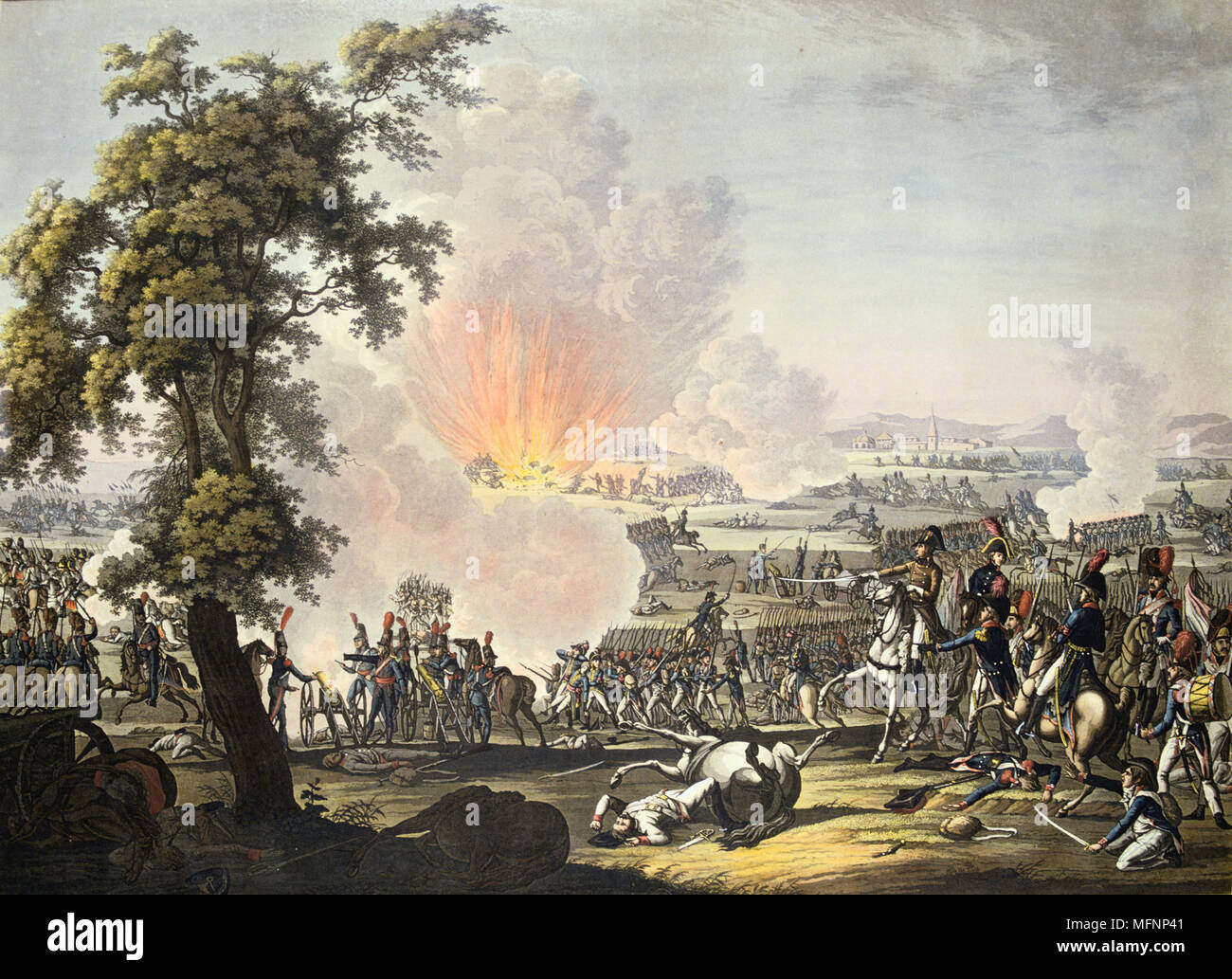 Napoleon at the Battle of Marengo, 14 June 1800. French forces under Napoleon defeated Austrians.  Engraving Stock Photo