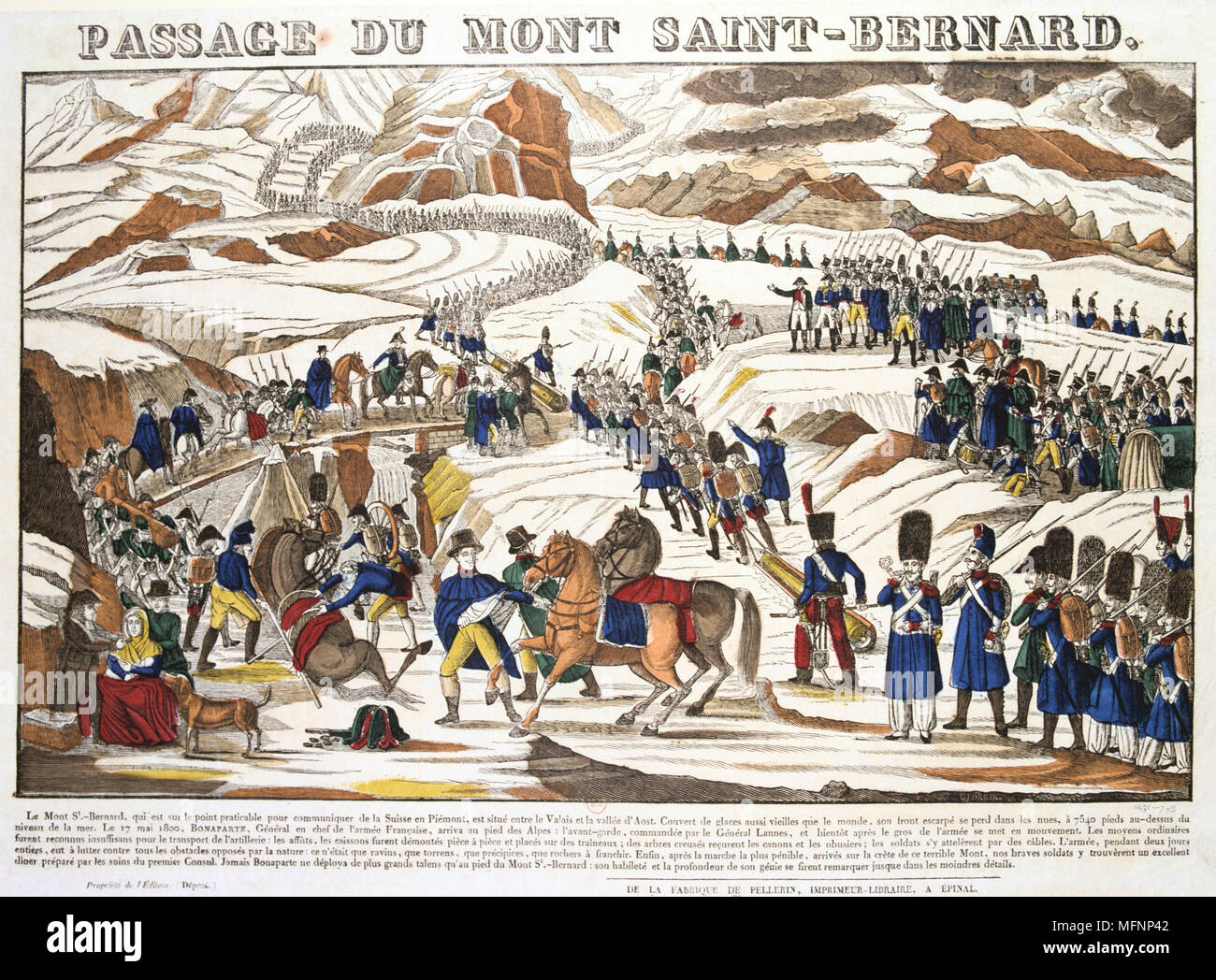 Napoleon crossing the Alps at the St Bernard Pass with the French Reserve Army , Spring 1800. Aquatint Stock Photo