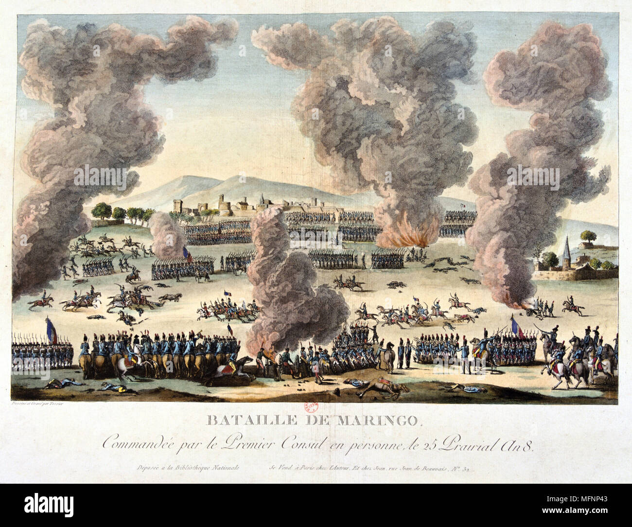 The Battle of Marengo, 14 June 1800. French forces under Napoleon defeated Austrians.  Coloured lithograph. Stock Photo