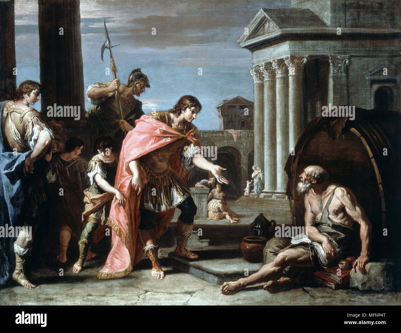 Alexander and Diogenes. Alexander The Great (Alexander III of Macedon 356-323 BC) visiting Diogenes of Sinope (c410 -c320 BC), Greek Cynic philosopher living in his tub in Athens. Sebastiano Ricci (or Rizzi, 1662-1734) Italian painter.   Oil on canvas. Stock Photo