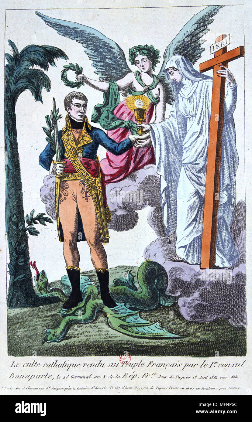 Allegorical print of Napoleon Bonaparte after the first celebration of Mass  after the restablishment in France of the Roman Catholic church, April 1802.  Coloured engraving Stock Photo - Alamy