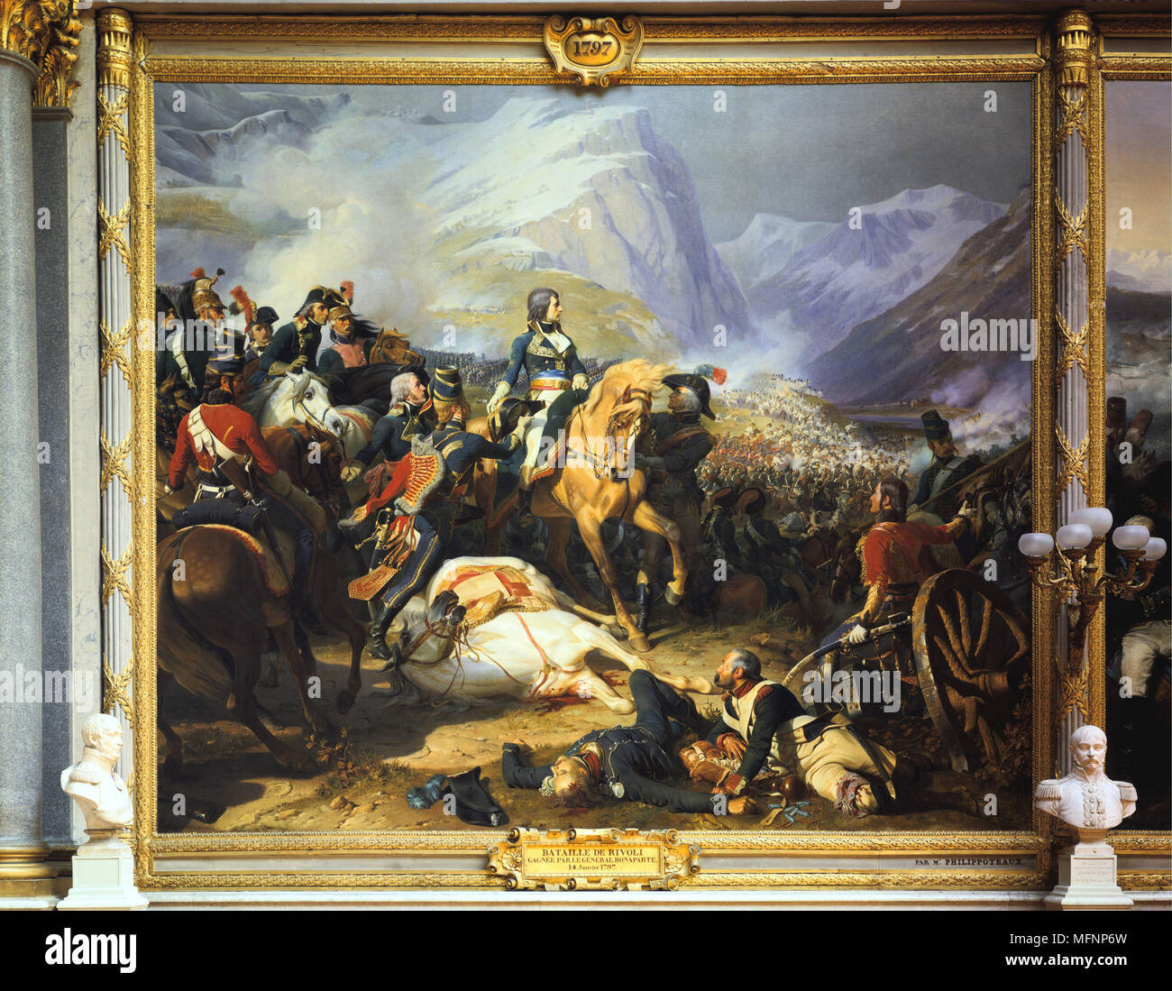 Napoleon at the Battle of Rivoli'. Rivoli (14-15 January 1797) defeat of Austria by French forces under Bonaparte. Henri Felix Emmanuel Philippoteaux (1815-1884). Galerie des Batailles,  Vcersailles. OIl on  canvas. Stock Photo