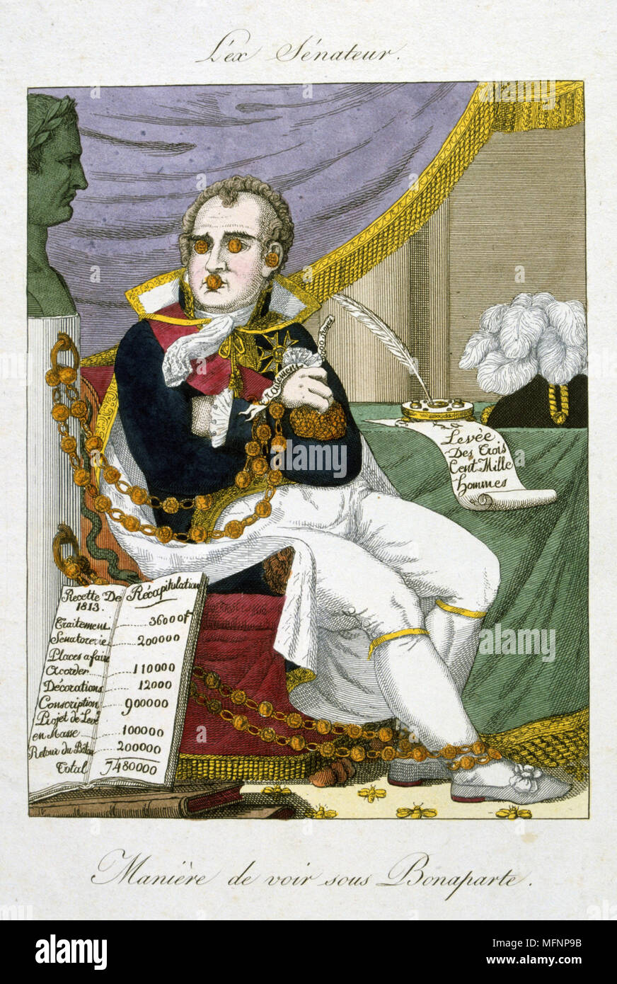 Napoleon Bonaparte (1769-1821). Contemporary French cartoon on Napoleon's extravagant spending. Stock Photo