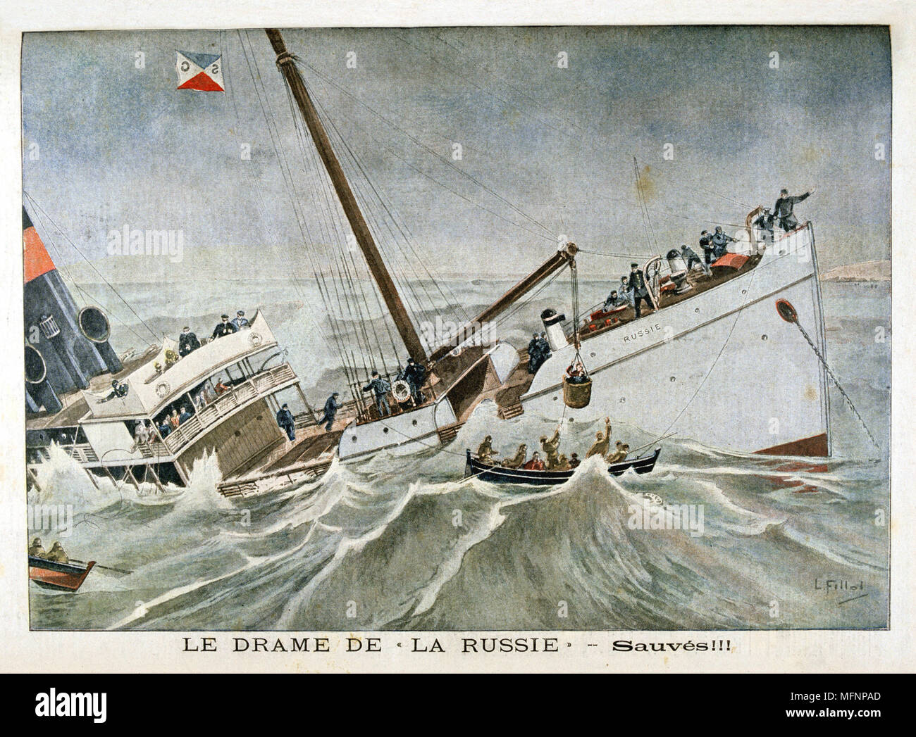 Drama of the wreck of the transatlantic liner 'La Russie'. Passengers being lowered into a lifeboat.  From 'Le Petit Journal', Paris, 27 January 1901. Stock Photo