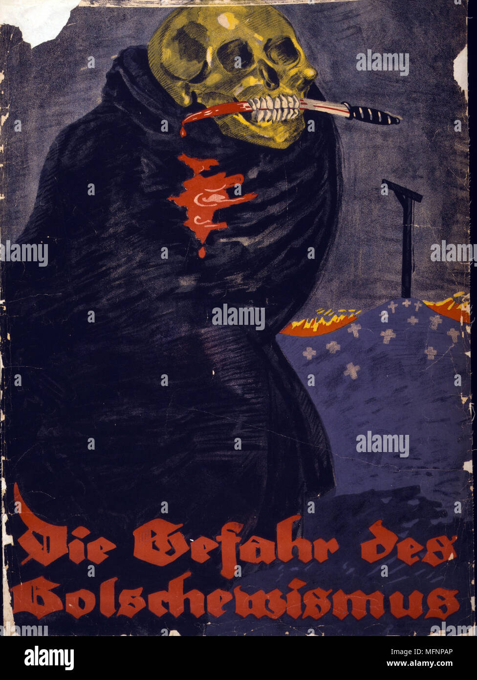 Die Gefahr des Bolschewismus': World War I German Poster, shows a skeleton, wrapped in a black cloak, with a bloody knife held in its teeth. In the background a hill of crosses on top of which is a gallows. Text: 'The danger of Bolshevism'. Stock Photo