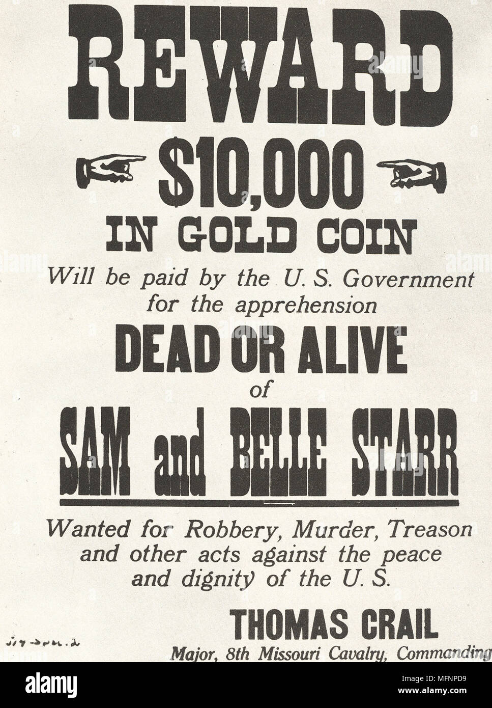 Poster for  $10,000 reward issued c1880 by the US Government for the capture of the outlaws Sam and Belle Starr. Myra Maybelle Shirley Reed (1848-1889) known as Bell Starr, the Bandit Queen, married a Cherokee Indian, Sam Starr, in 1880. Sam Starr was killed in a gunfight in 1886. Bell was murdered, shot while riding home one night. Stock Photo