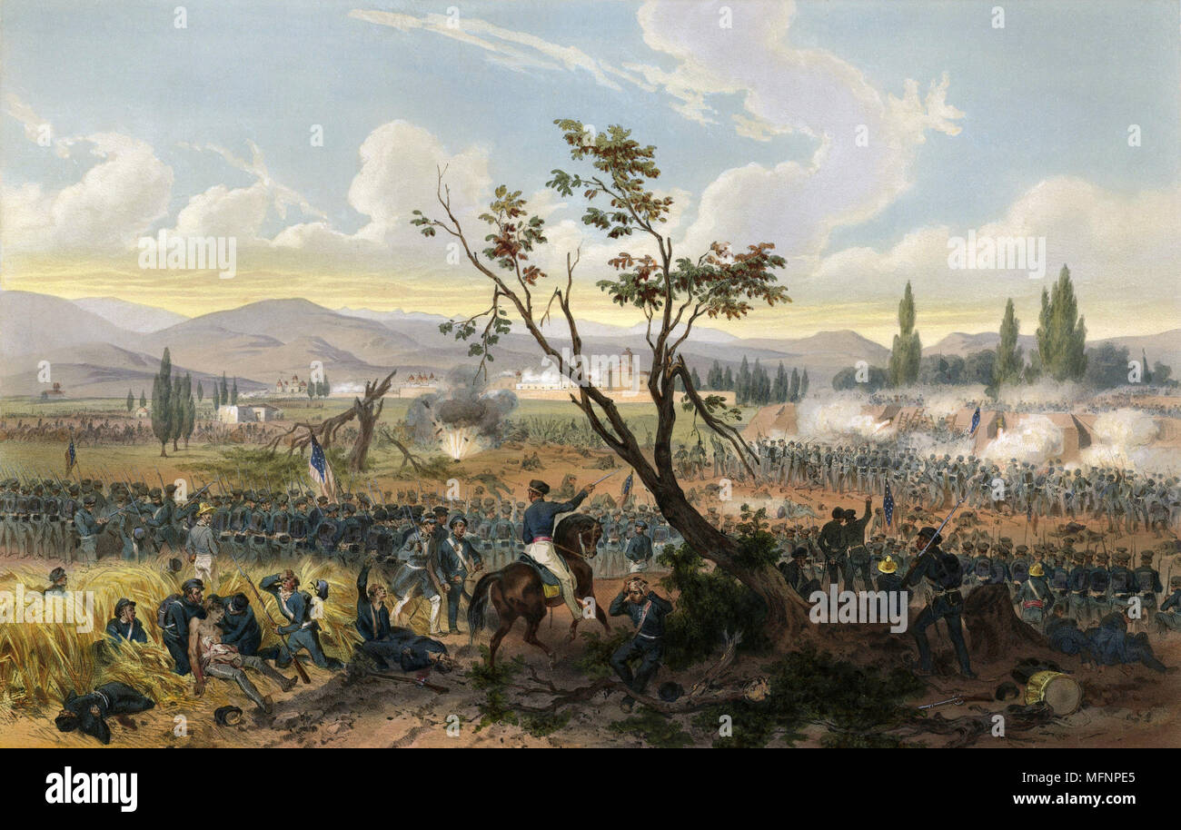Battle of Churubusco 20 August 1847, Mexican-American War 1846-1848. American under command of  General Winfield Scott defeated Mexicans commanded by generals Manuel Rincon and Pedro Anaya.  Hand-coloured lithograph, 1851. Stock Photo