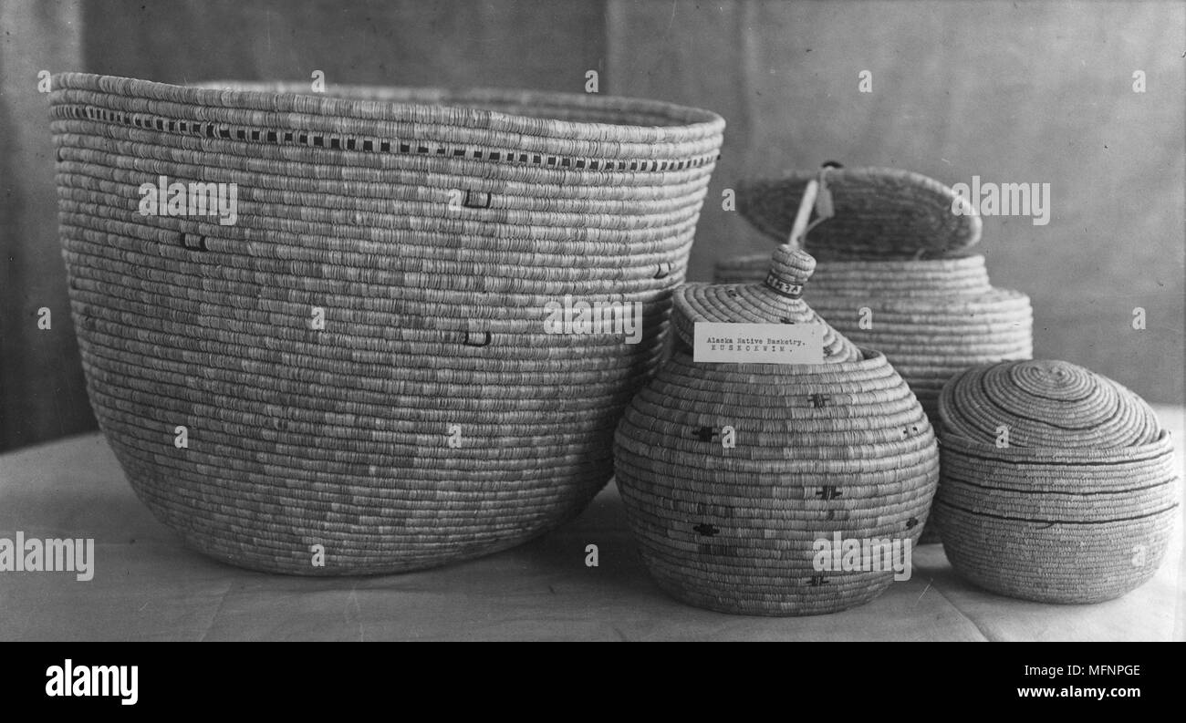 Group of Native American Indian baskets, some with lids. Twentieth century 20th century Stock Photo