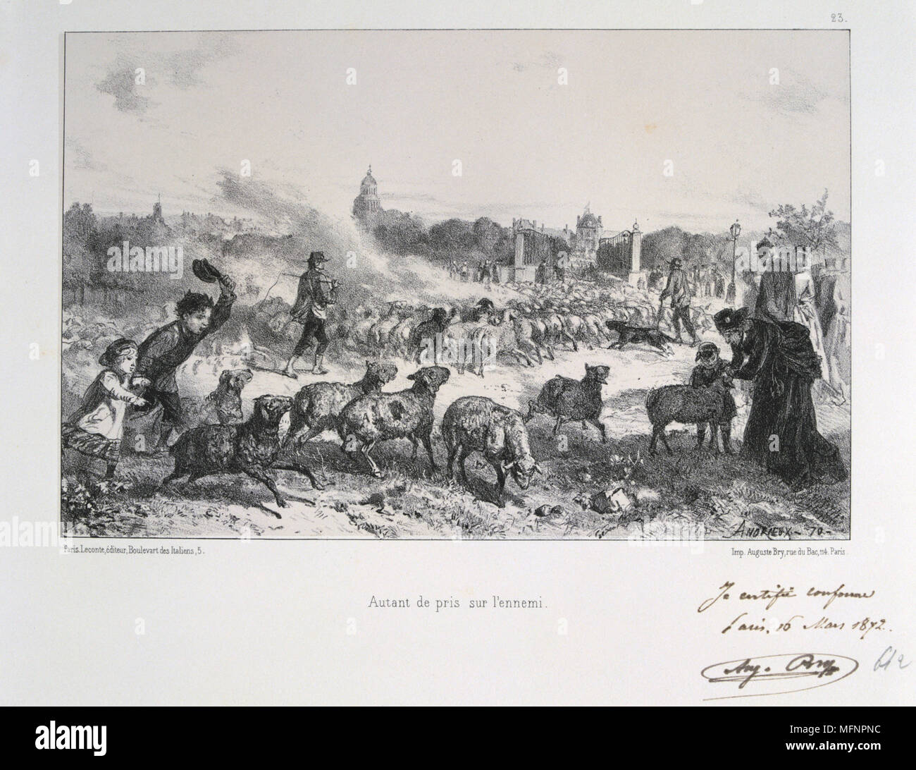 Franco-Prussian War 1870-1871: Driving away a flock of sheep to deny them falling into the hands of the Prussians.  From a series of lithographs  by Clement August Andrieux on the Gardes Nationales. Stock Photo