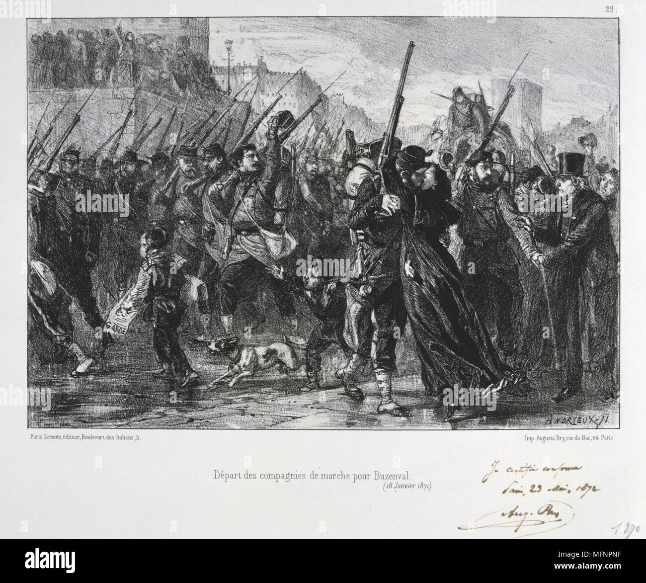 Franco-Prussian War 1870-1871: Battle of Buzenval (Mount Valerien) near Versailles 19 Jan 1871. Garde National marching to the battle and defeat. From a series of lithographs  by Clement August Andrieux on the Gardes Nationales. Stock Photo