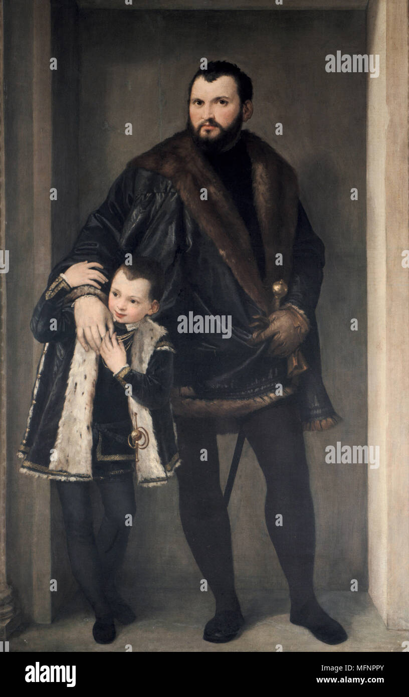 The Count of Pinto', Paolo Veronese (1528-1588) Italian Renaissance painter. Man wearing sword, in black jacket trimmed with fur and young boy (son?) similarly dressed. Child Adult Affection Stock Photo