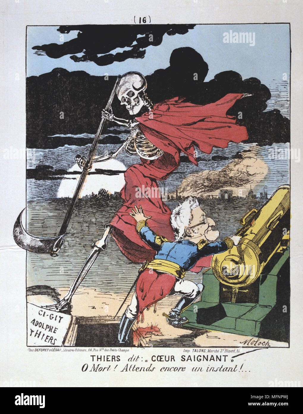 Paris Commune 26 March-28 May 1871. Louis Adolphe Thiers (1797-1877) French politician, one foot in his grave, asking Death to spare him until he has defeated the Commune.  Cartoon by Moloch (1849-1909). France Politician Revolution Stock Photo