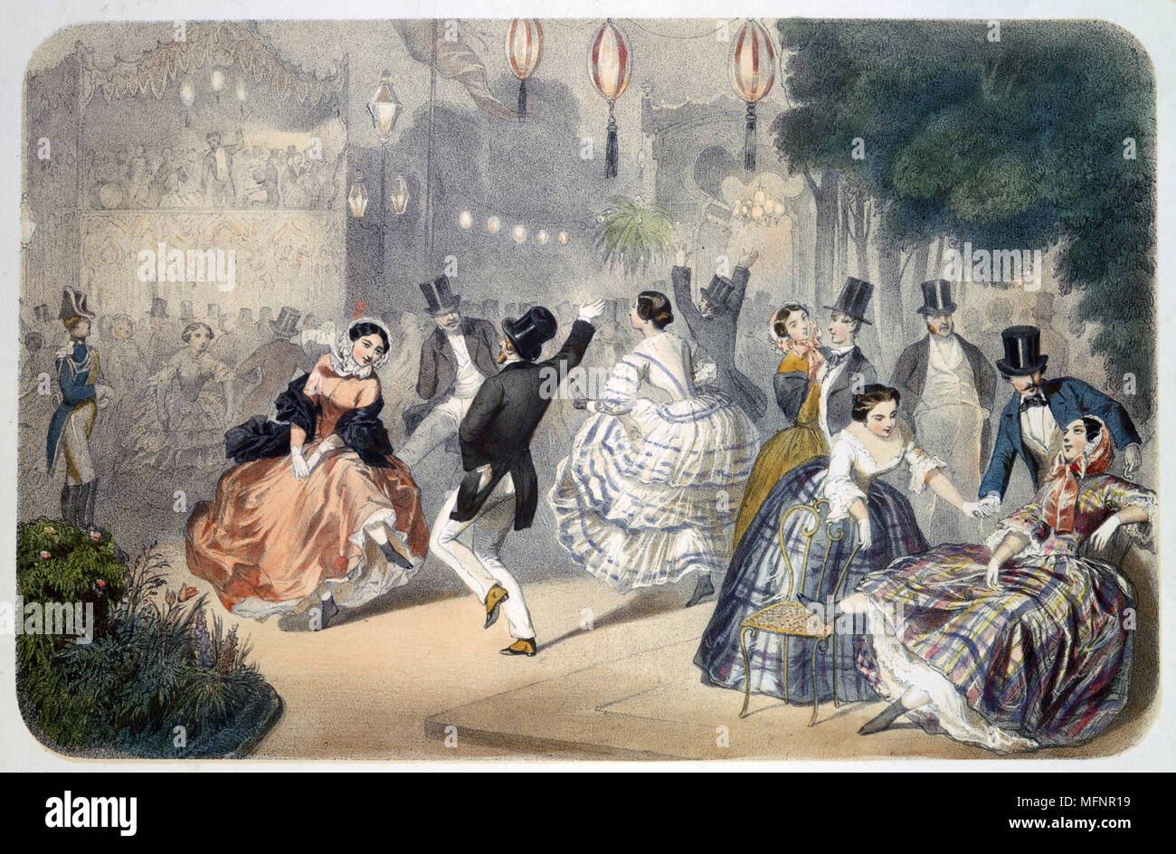 Paris Evenings: Dancers in the open air dancing to the music of the orchestra in the bandstand, to left. Coloured lithograph, c 1850, after Henri de  Montaut (c1825-1890/1897) French artist.    France Stock Photo