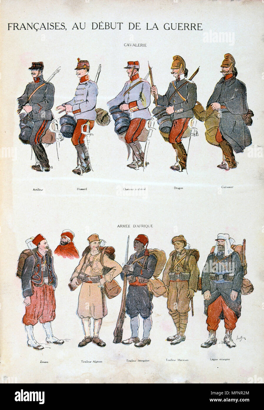 French military uniforms in World War I, 1914-1918. Top: Cavalry. Bottom: African forces.   Coloured print Stock Photo