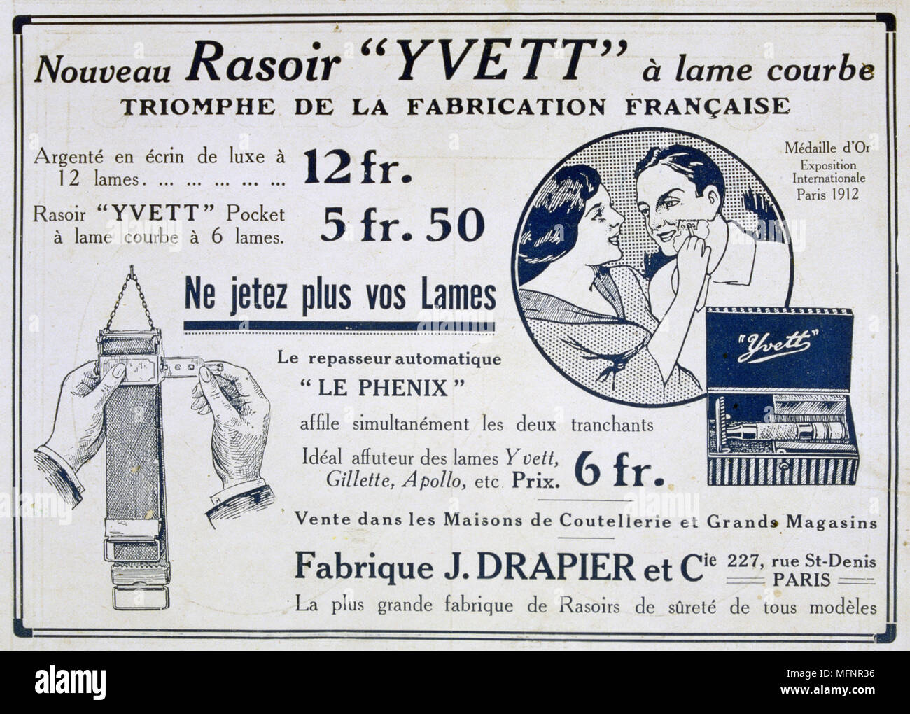 Advertisement for the Yvett pocket razor and a strop for sharpening razors.  From the French periodical 'Le Flambeau', 18 September 1915.  First World War 1914-1918. Stock Photo