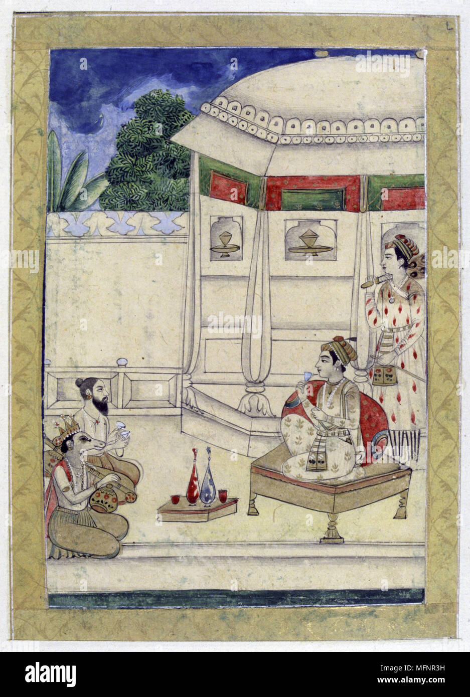 Album of Ragamala. A prince sits on the terrace of a pavilion listening to music played by Narada, bearded divine sage, and a Kinnara, celestial musician half man half horse.   19th century Indian miniature, Rajasthan School. Stock Photo