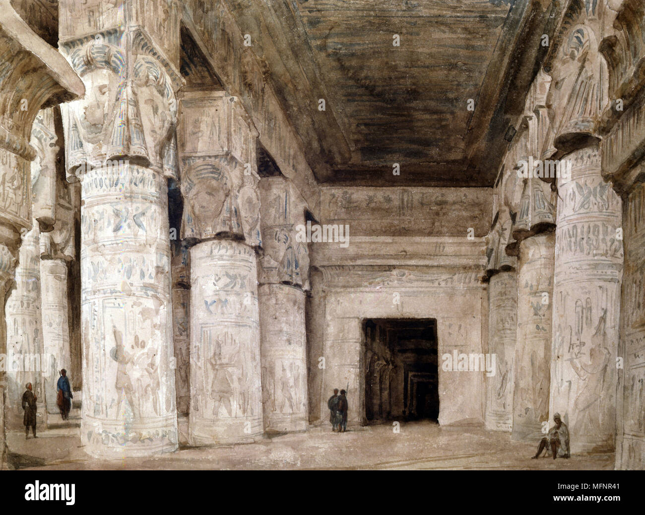 Dendera Interior'. Hector Horeau (1801-1872) French architect. Great Hall of the Temple of Hathor, showing the decorated columns. Dendera, Egypt. Archaeology Architecture Religion Mythology Ancient Egyptian Stock Photo