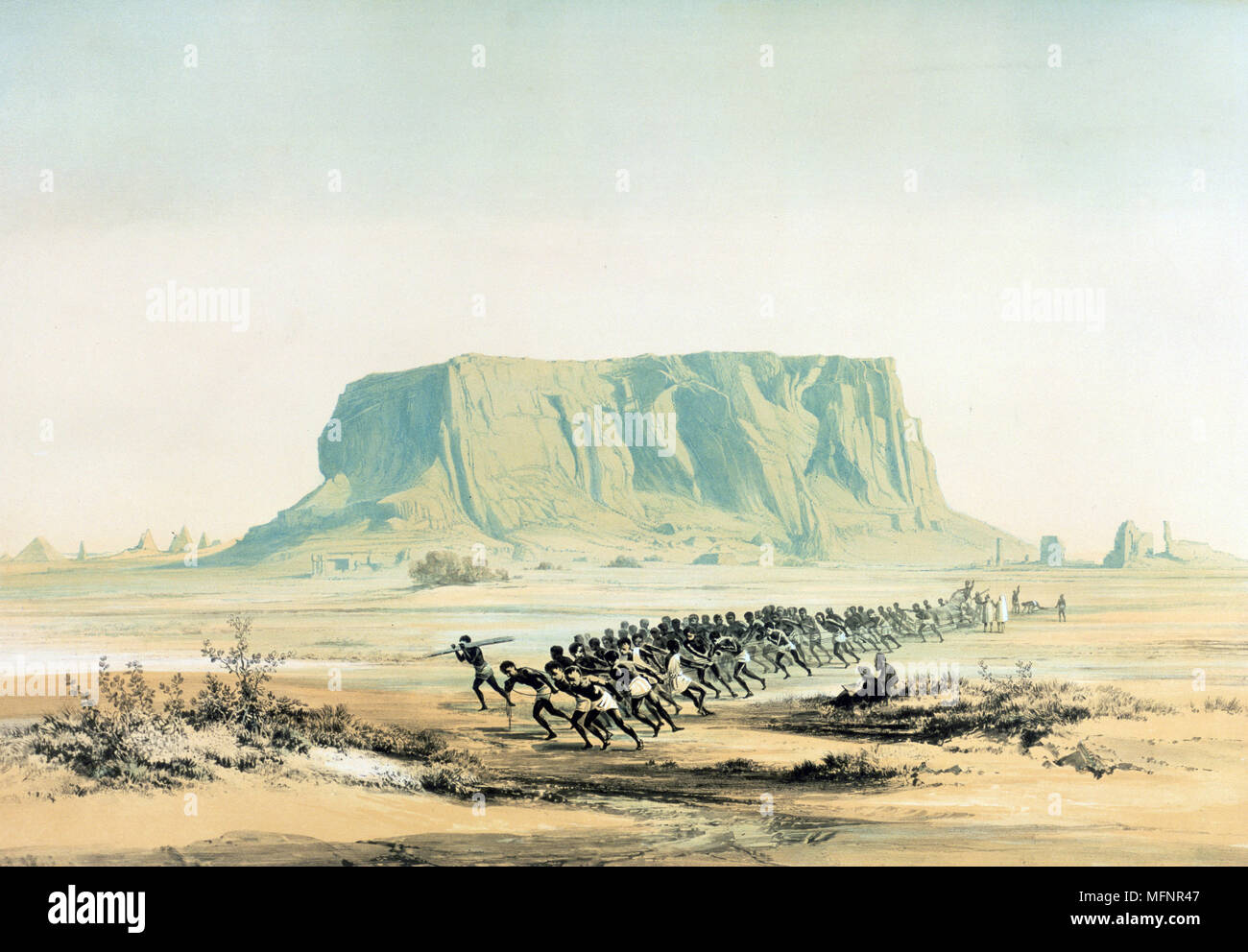 View of Mount Barkal', 1842-1845. Lithograph after Karl Richard Lepsius (1810-1884) Prussian Egyptologist.  Team of natives pulling sledge containing artefact from Egyptian ruins at Nepata.  Ancient Egypt Sudan Archaeology Stock Photo
