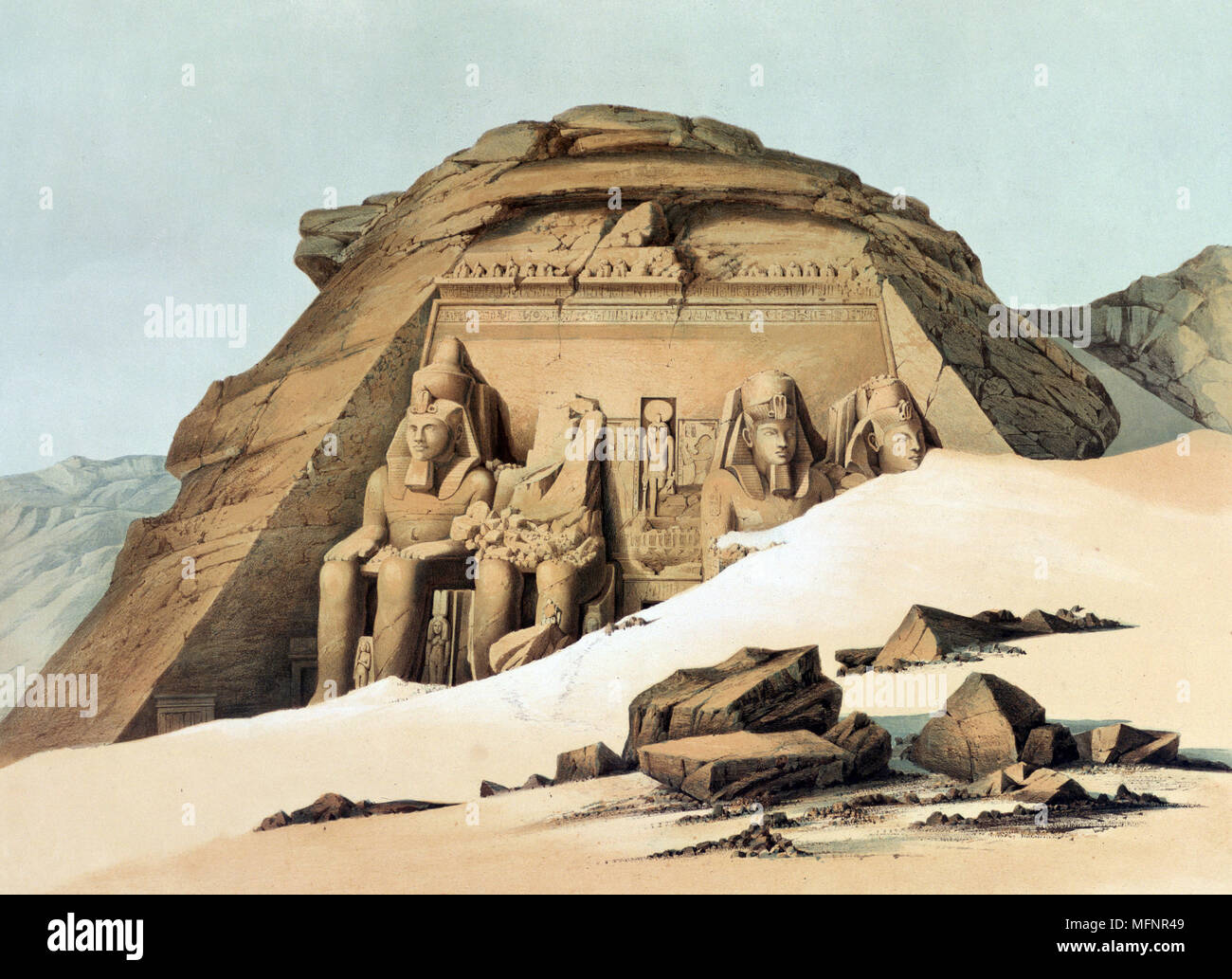 Rock Temple at Abu Simbel'. Lithograph after Karl Richard Lepsius (1810-1884) Prussian Egyptologist. Statues of Rameses (Ramses) II (ruled c1304-c1273 BC) outside main temple.  Archaeology Religion Mythology Ancient Egyptian Stock Photo