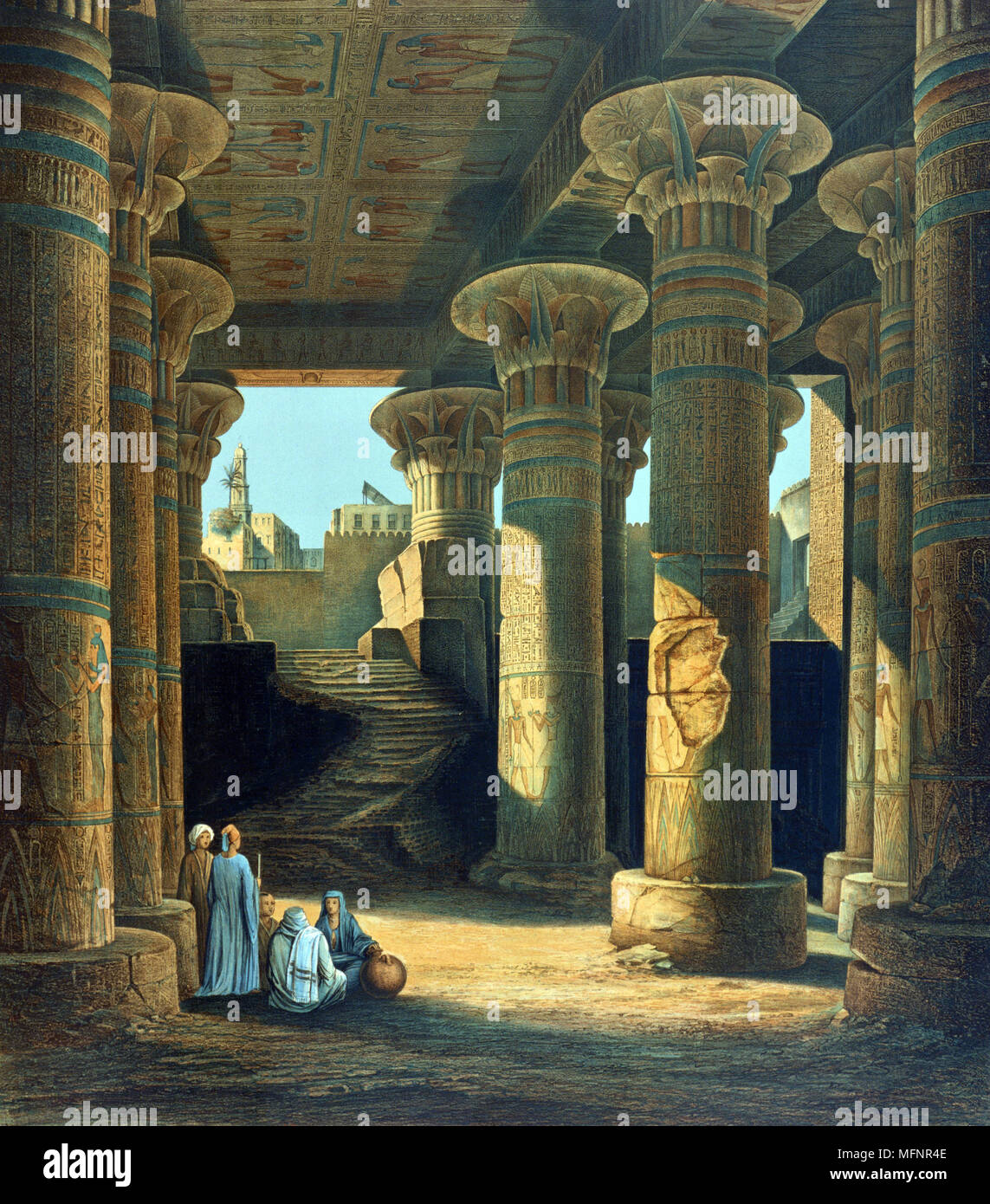 Interior view of the Hall of  Pillars at Esneh'. Lithograph after Karl Richard Lepsius (1810-1884) Prussian Egyptologist.  Isna  Upper Egypt Archaeology Religion Mythology Ancient Egyptian Stock Photo