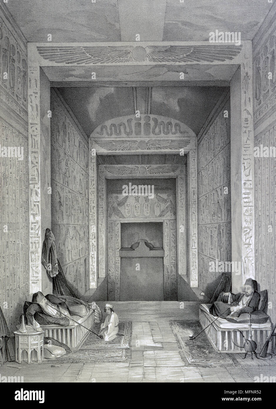Interior of a tomb. Lithograph after Jules Goury (1803-1834) French Architect. On either side a man is reclining on a divan and smoking a hookah. Ancient Egypt Stock Photo