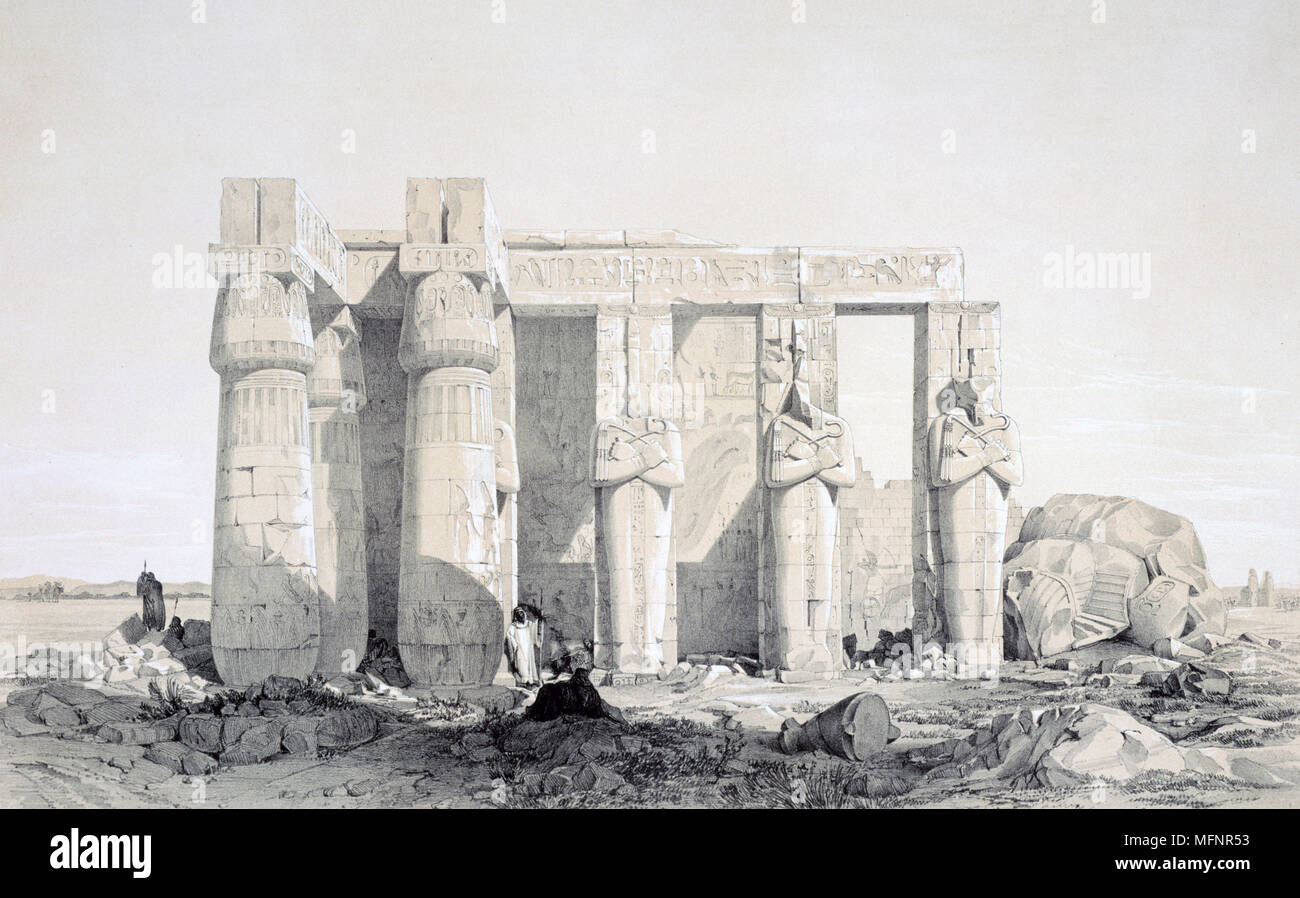 The Ramseion, 1843. Lithograph after Owen Jones (1809-1874) British architect. Ruins of the Ramesseum, mortuary temple of Rameses II, 13th century BC.  Statues of Rameses holding Crook and Flail. Ancient Egypt Kingship Stock Photo