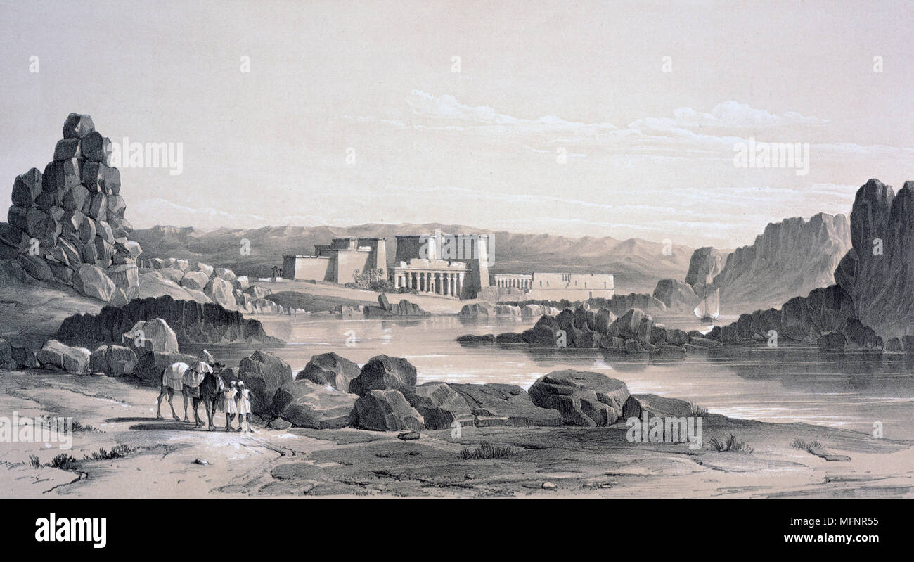 Philae - Looking South', 1843. Lithograph after Owen Jones and Jules Goury. View of the temples on the island of Philae, River Nile near Aswan.  Ancient Egypt Religion Mythology Stock Photo