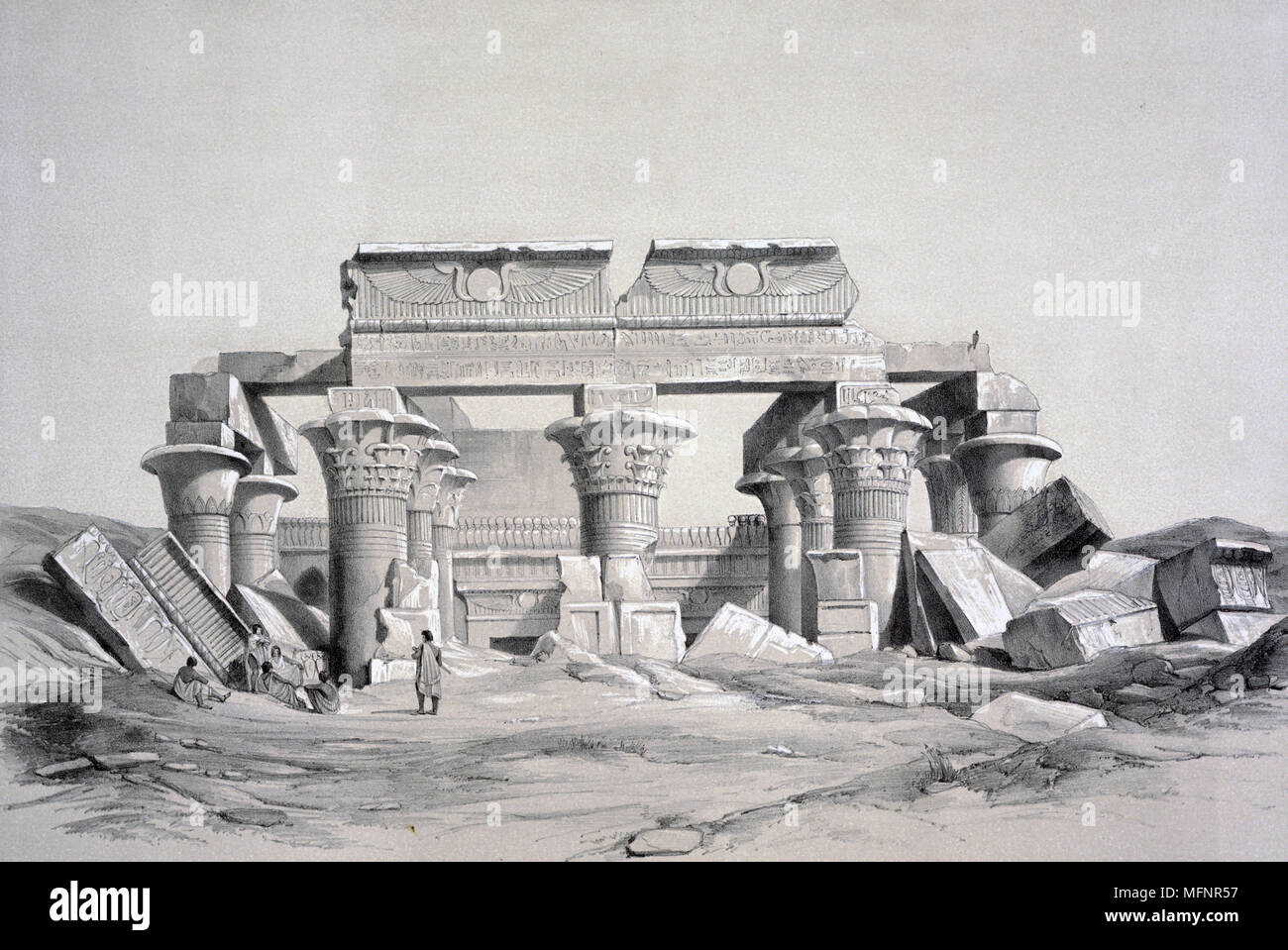 Temple at Kom Ombo. 1843. Lithograph after Owen Jones and Jules Goury. Graeco Temple on the Nile 30 miles north of Aswan, Egypt, built during the Graeco-Roman period  332 BC-395 AD. Dedicated to Sobek and Horus. Religion Mytholgy Stock Photo