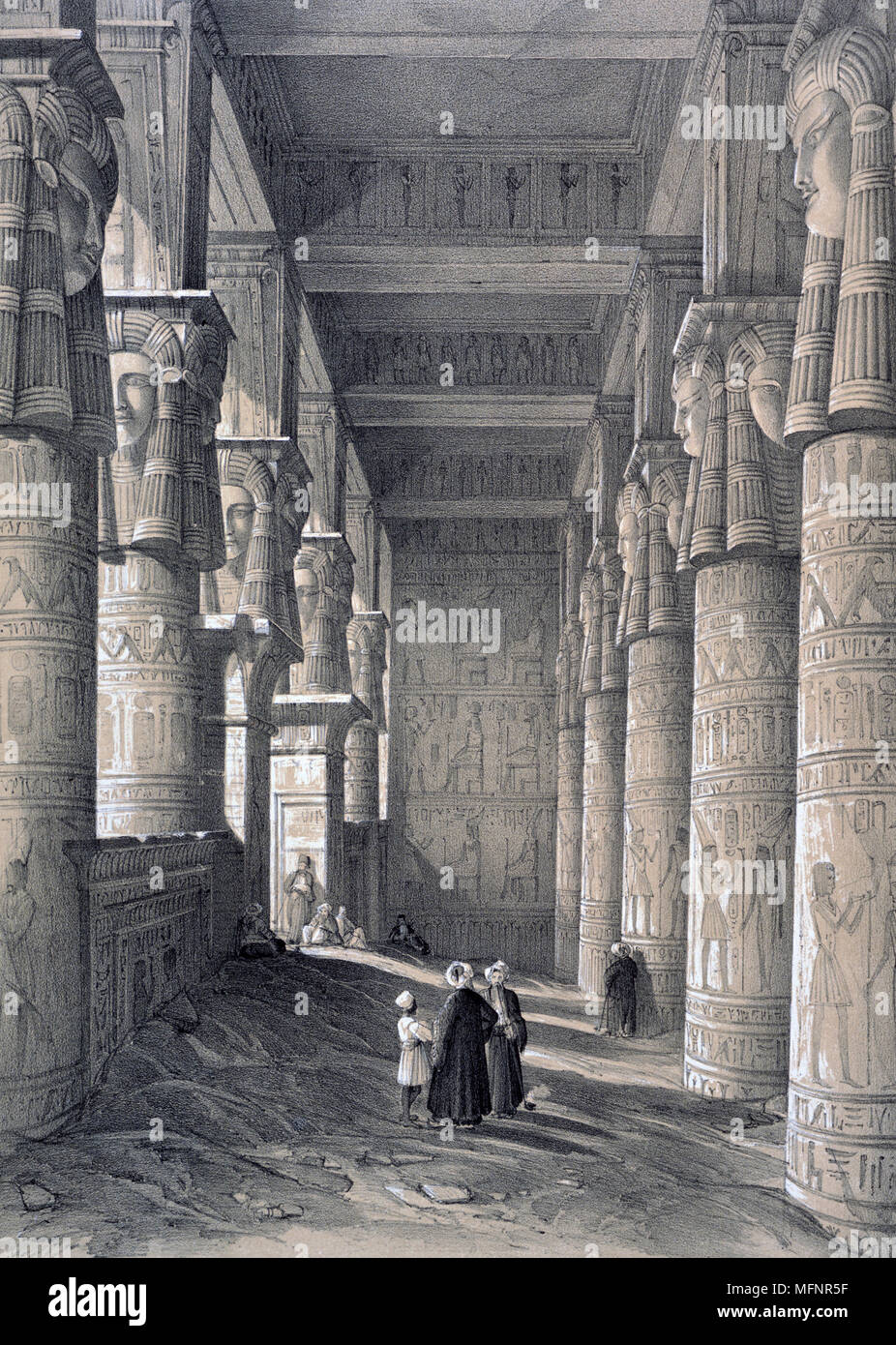 Denderah, interior of the Great Temple', 1843. Lithograph after Owen Jones and Jules Goury. Hippostyle hall of the Temple of Hathor, mother goddess of Ancient Egypt. Archaeology Architecture Religion Mythology Stock Photo