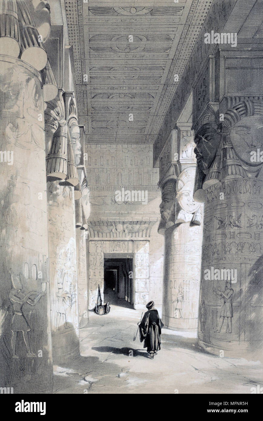 Temple of Dendera', 1845. Lithograph after Henry Pilleau (1813-1899) English artist. Hippostyle hall of the Temple of Hathor, mother goddes of Ancient Egypt. Archaeology Architecture Religion Mythology Stock Photo