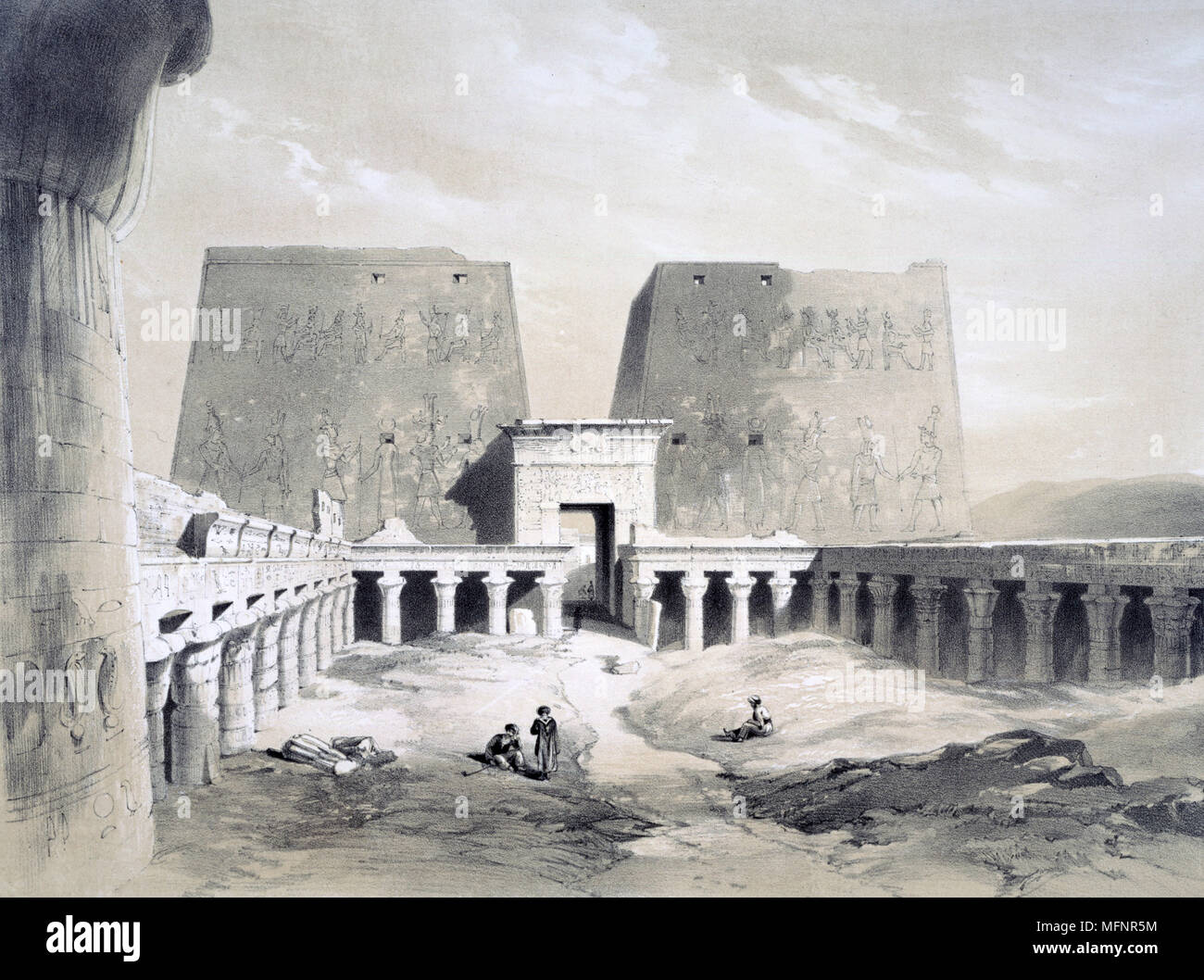 Edfou', 1845.  Lithograph after Henry Pilleau (1813-1899) English artist.  View inside arcaded court, looking towards the gateway (pylon).  Temple of Horus, falcon-headed god, 237-57 BC. Ancient Egypt Archaeology  Religion Mythology Stock Photo