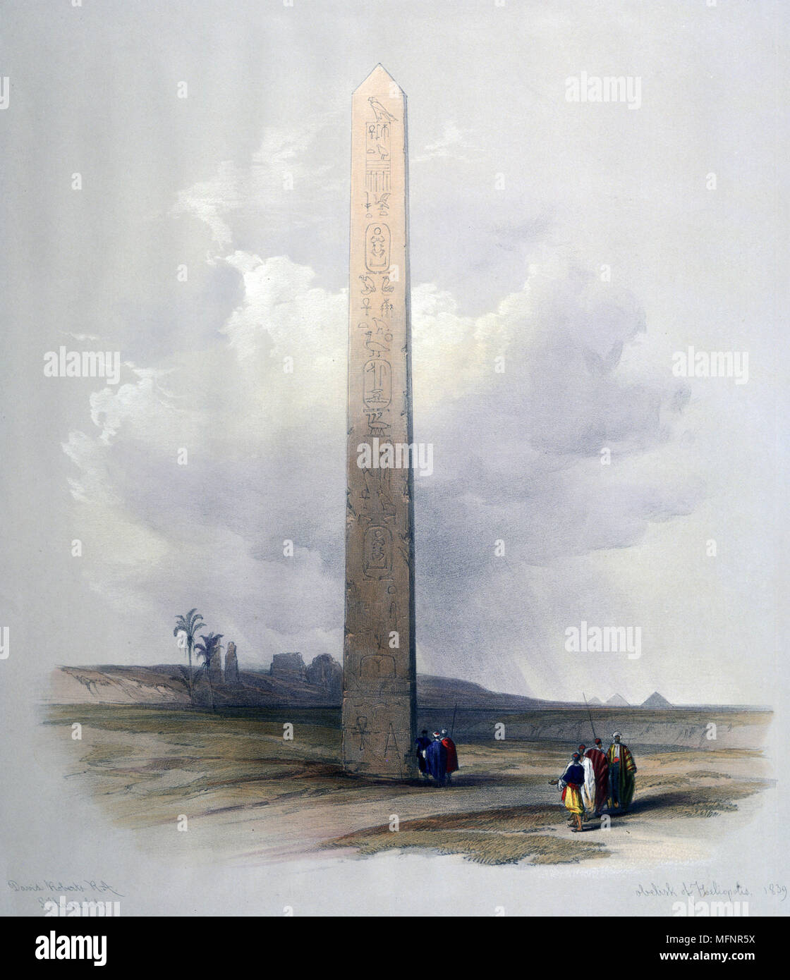 The Obelisk at Heliopolis', 1839. Watercolour. David Roberts (1796-1864) Scottish artist and orientalist.  Red granite obelisk of Senusert I, 20th century BC, oldest obelisk still in situ, 15km/9m north east of Cairo. Stock Photo
