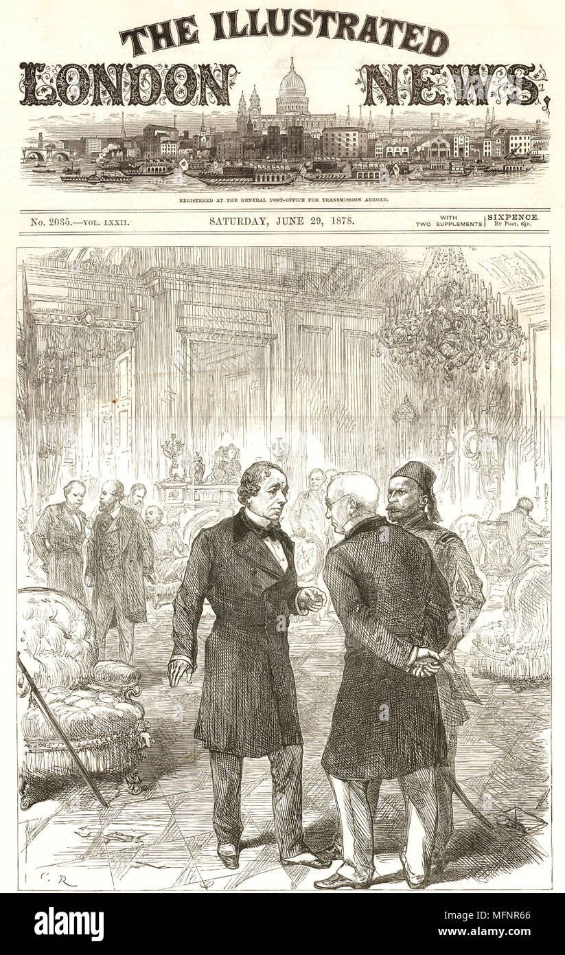 Congress of Berlin, 1878, held in Bismarck's chancellory, the former Radziwill Palace. The Ante-room where delegates could meet informally.   Here the British delegate Lord Beaconsfield (Benjamin Disraeli), is in discussion with other delegates (Russian and Turkish?).  From 'The Illustrated London News', 29 June 1878. Stock Photo