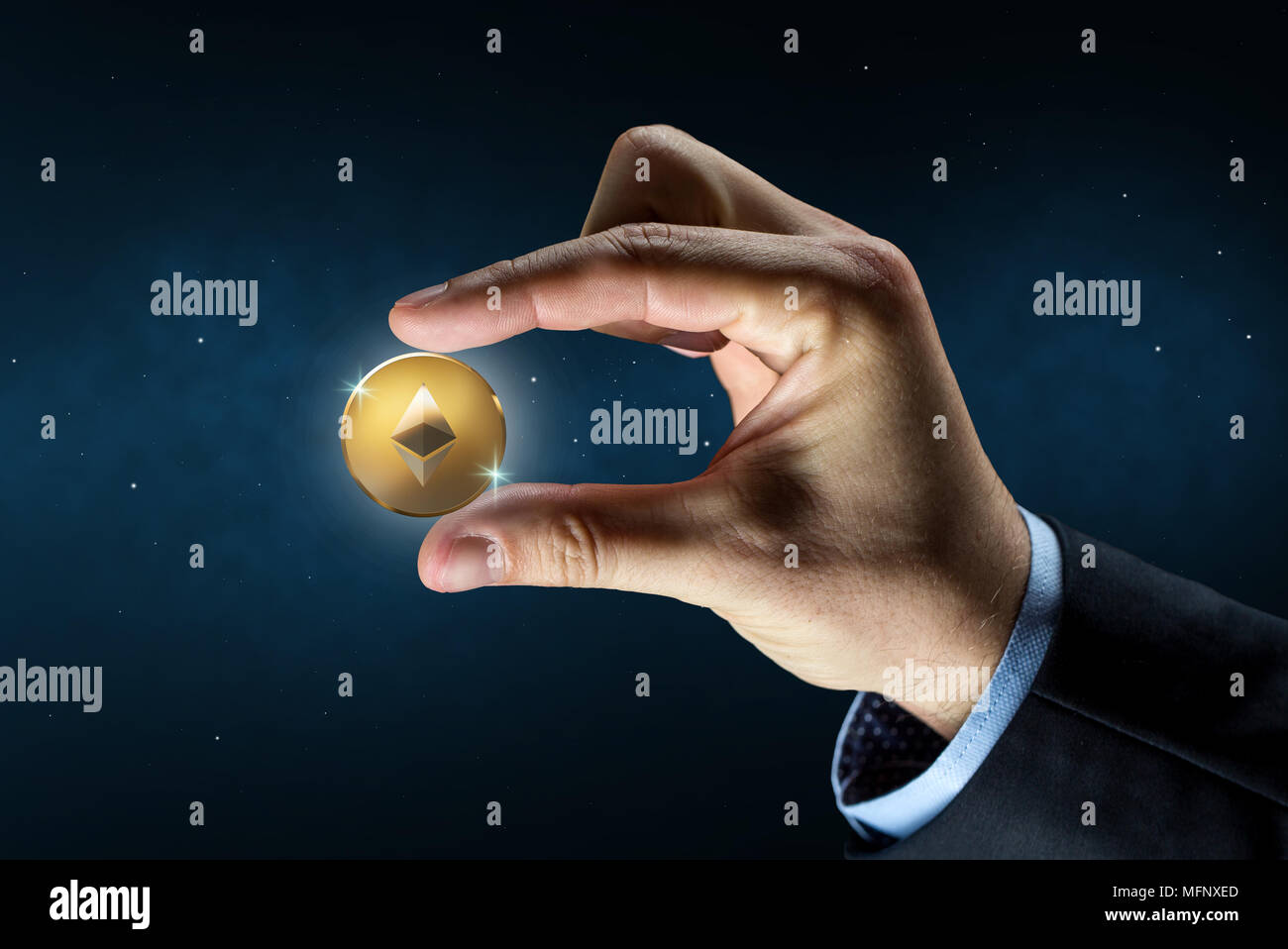 businessman hand with ethereum over binary code Stock Photo - Alamy