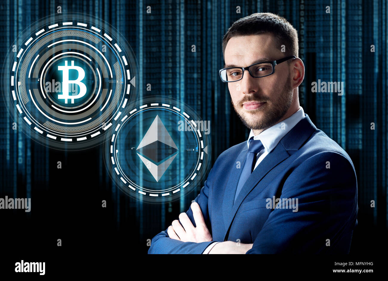 businessman with cryptocurrency holograms Stock Photo