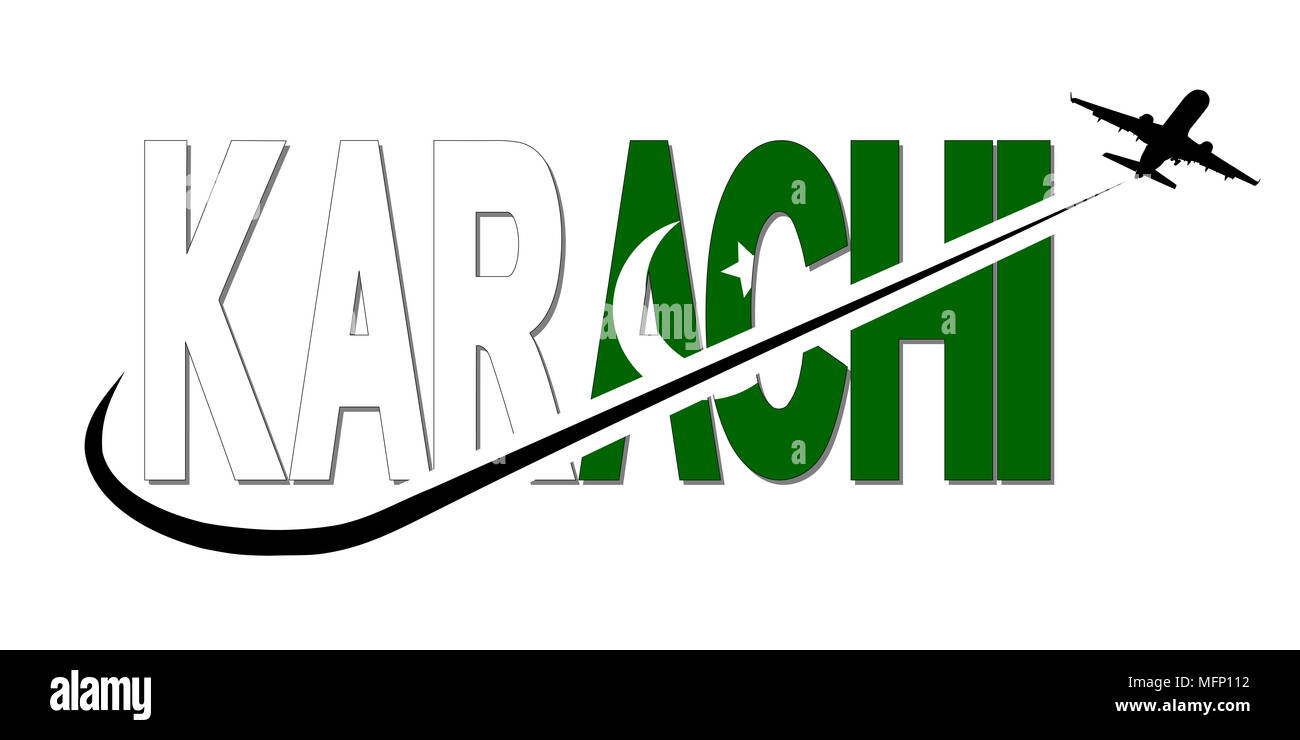 Karachi flag text with plane silhouette and swoosh illustration Stock