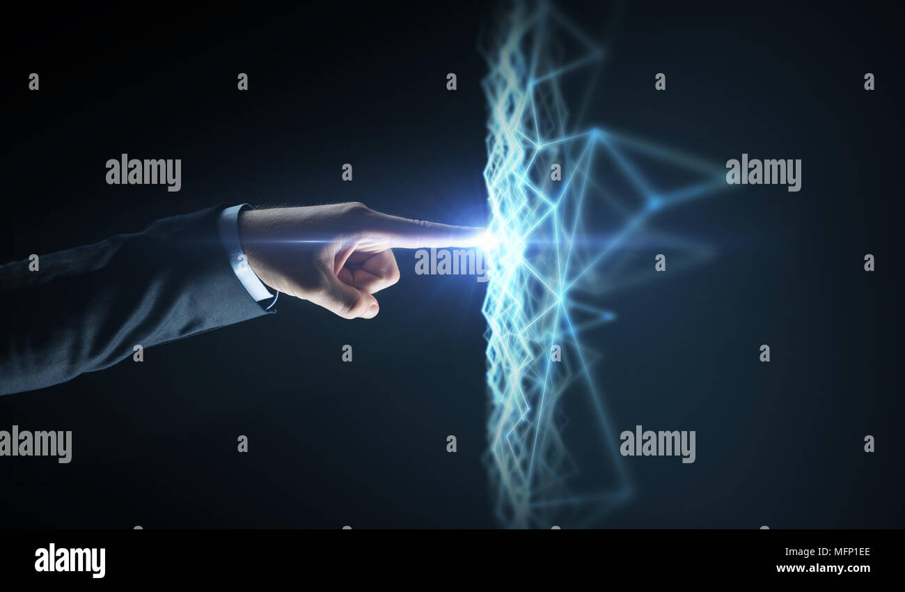 businessman hand connecting to virtual network Stock Photo