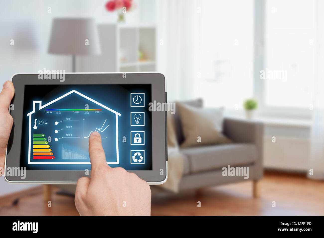 tablet pc with smart home settings on screen Stock Photo