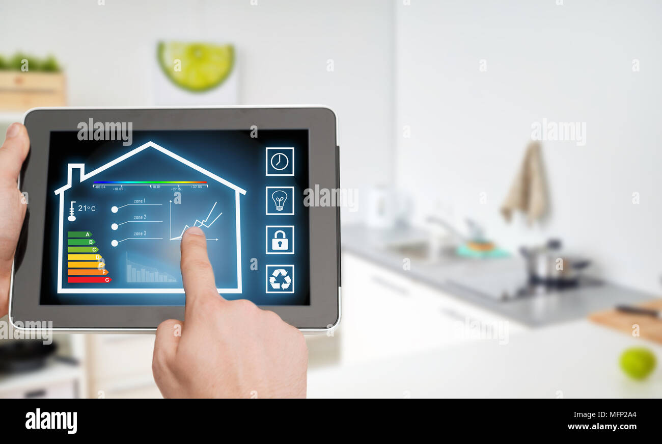 tablet pc with smart home settings on screen Stock Photo