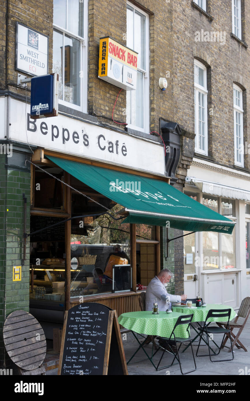 Customers outside Beppe's Cafe, West Smithfield, London, EC1, UK Stock Photo