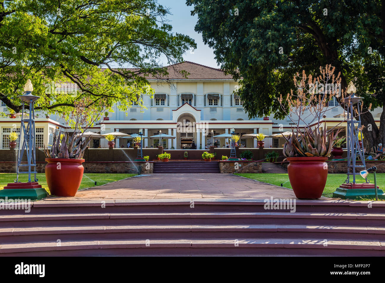 Imposing Entrance to the Victoria Falls Hotel, Zimbabwe. Stock Photo