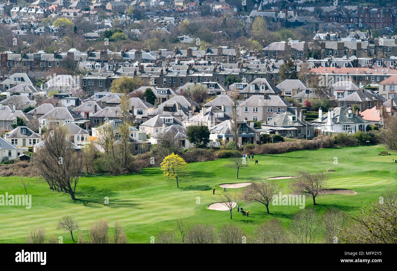 Looking down on Golf Course and suburban housing at  Prestonfield in Edinburgh, Scotland, UK. Stock Photo