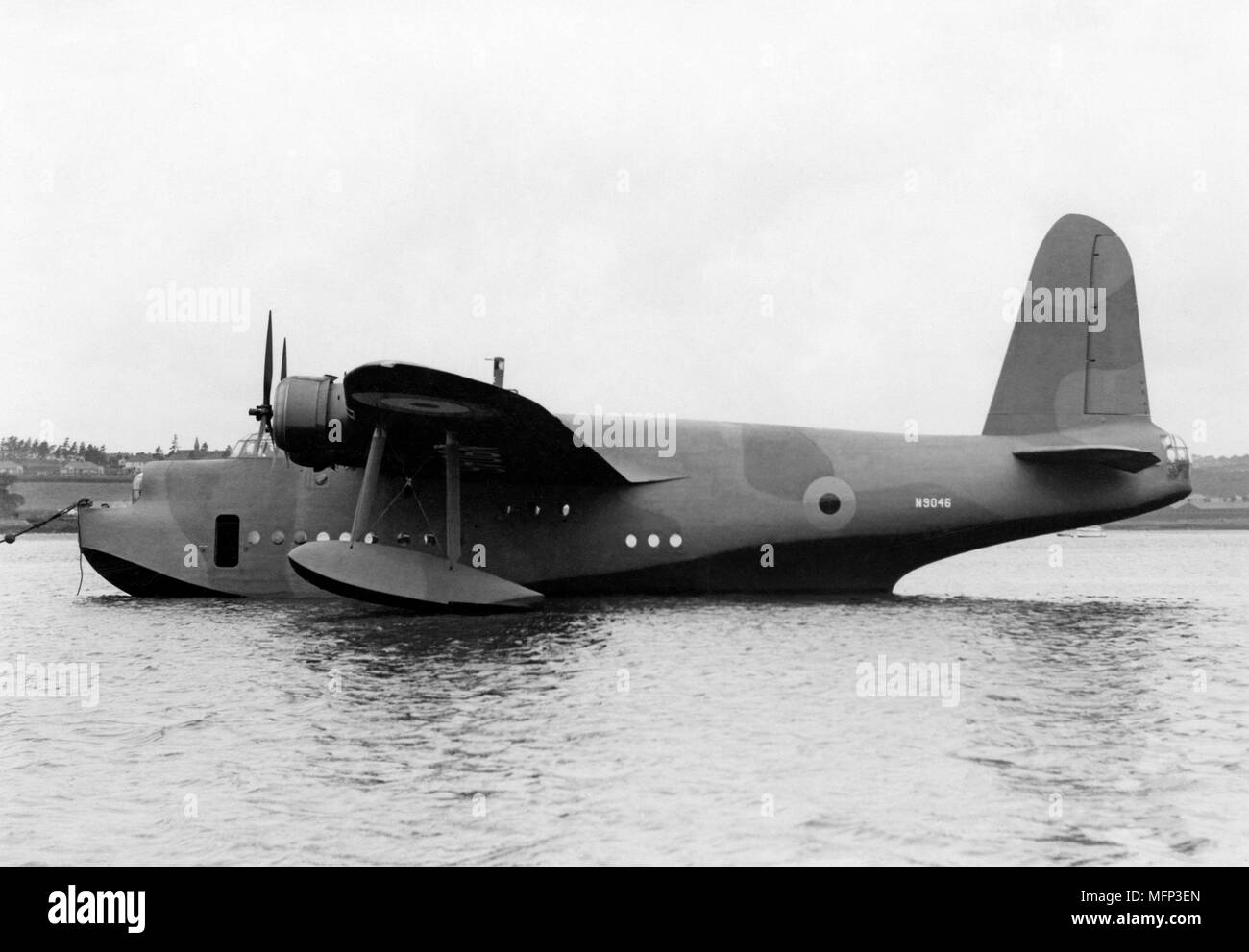 N9046, the first Sunderland Flying Boat to fight of 6 JU88's in WWII near Invergordon.This earnt it the name, the Flying Porcupine.  Later damaged bey Stock Photo