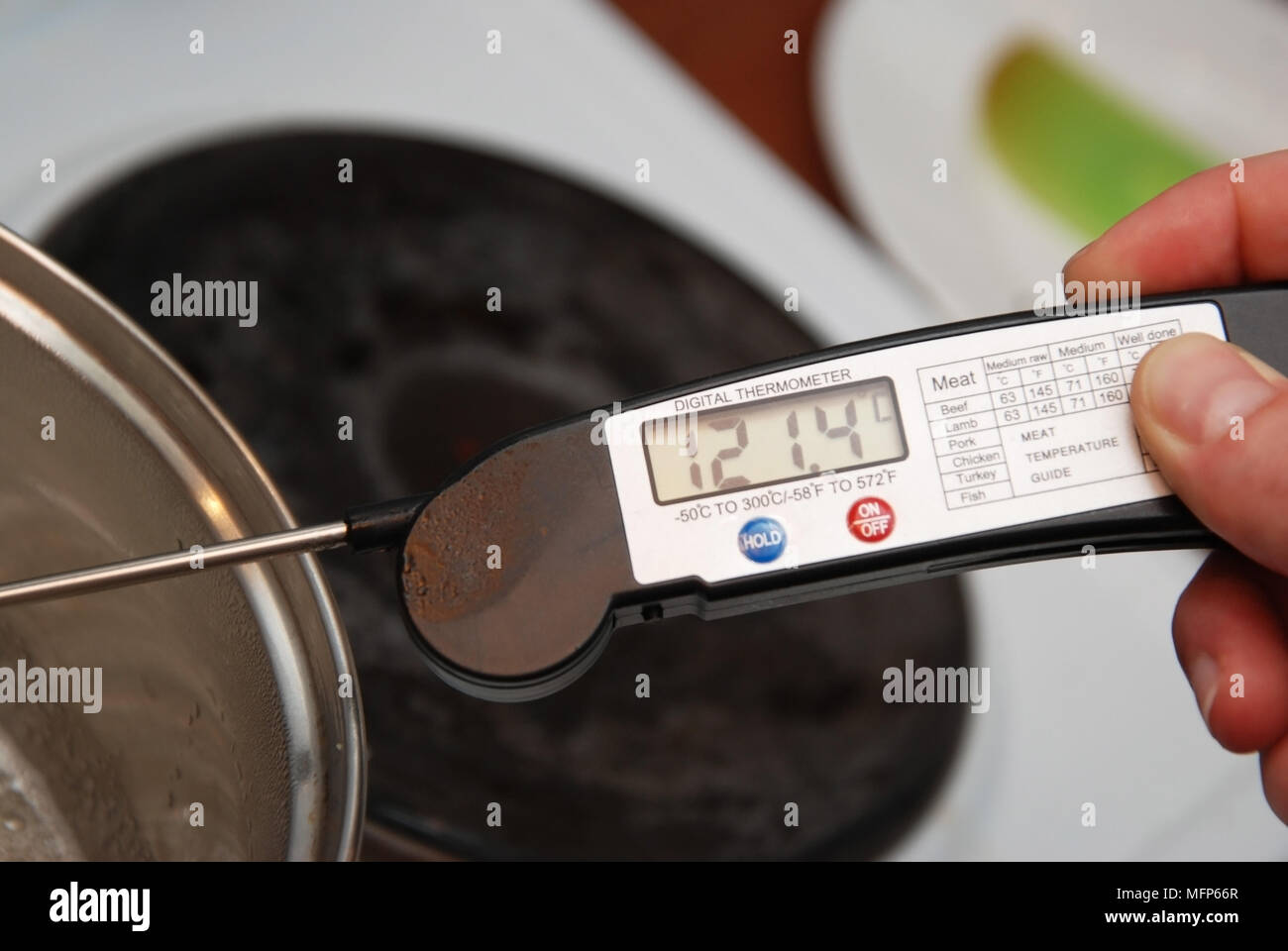 Thermometer measures the temperature of the water Stock Photo - Alamy