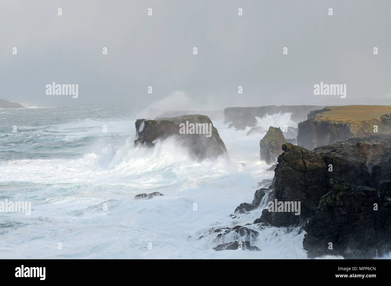 Bid waves at Eshaness cliffs in the Shetland Isle during a big Atlantic storm Stock Photo