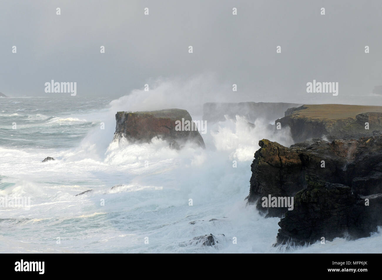 Bid waves at Eshaness cliffs in the Shetland Isle during a big Atlantic storm Stock Photo