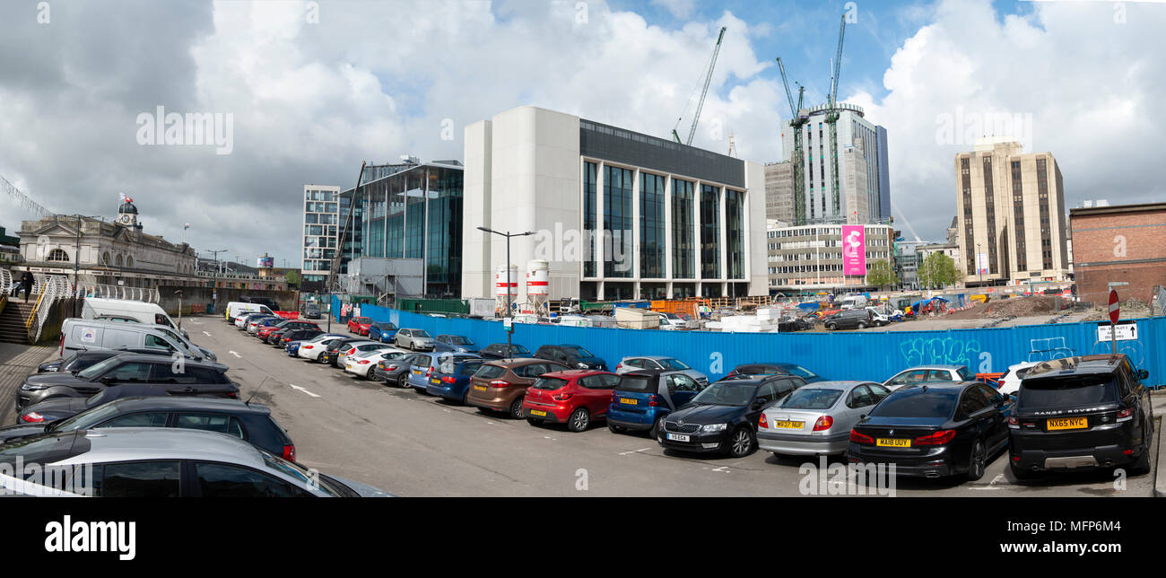 The Central Square in front of Cardiff Central Railway Station, left. Centre is the new BBC Wales building with the new bus station site, right. Stock Photo